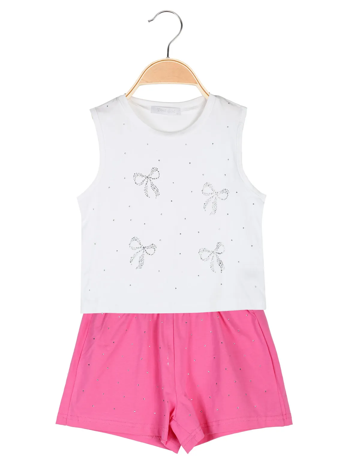 Pink Girl Completo corto da bambina 2 pezzi top e shorts con micro borchie - fucsia