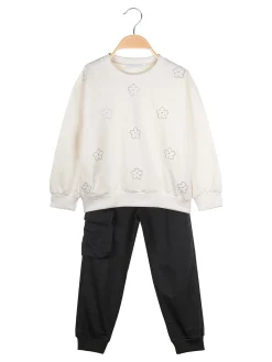 Pink Girl Completo 2 pezzi da bambina con felpa e pantalone - panna
