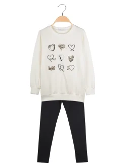 Pink Girl Completo 2 pezzi da bambina con felpa e leggings - panna