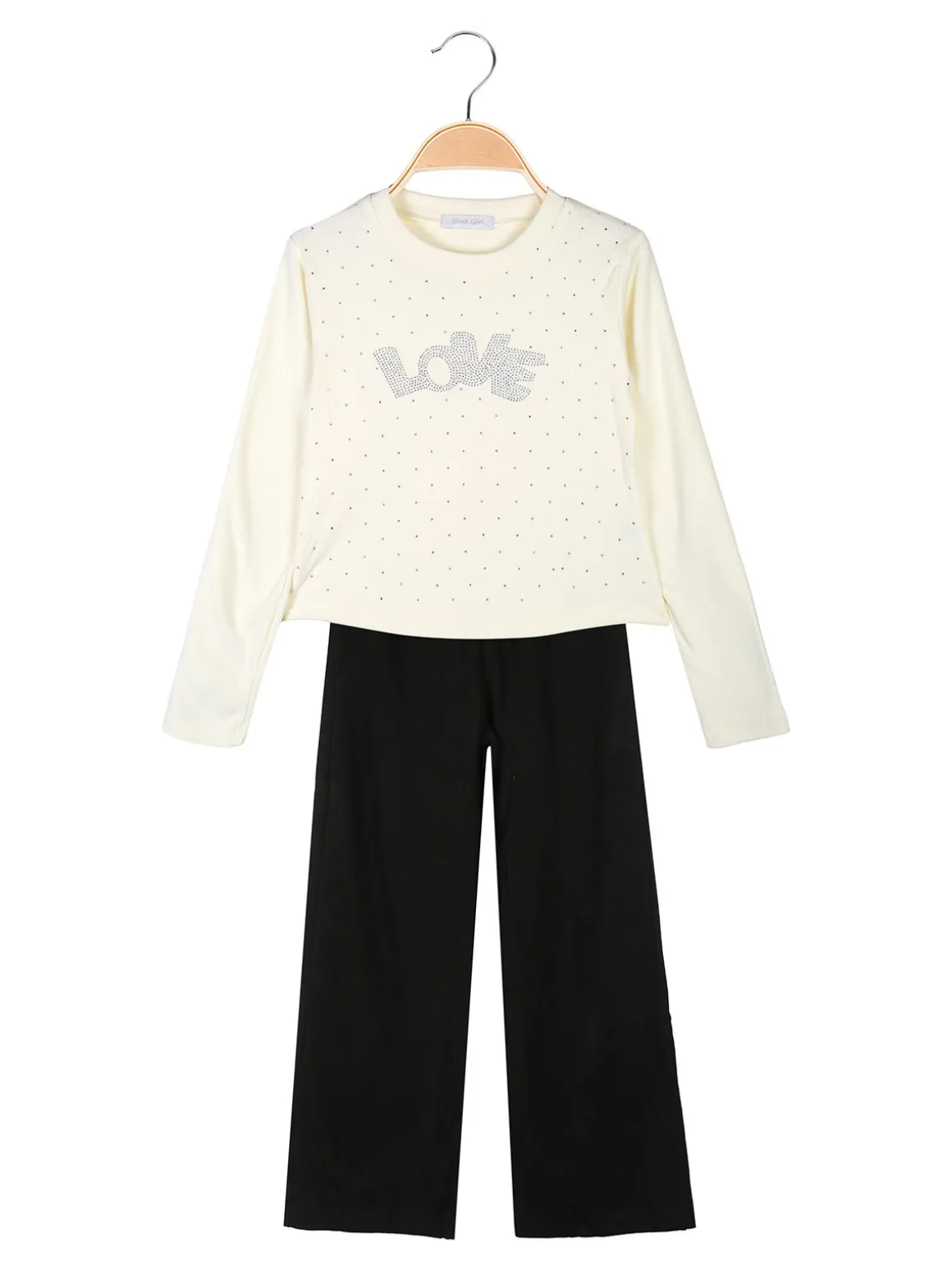 Pink Girl Completo 2 pezzi da bambina a coste con strass - panna