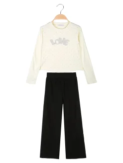 Pink Girl Completo 2 pezzi da bambina a coste con strass - panna