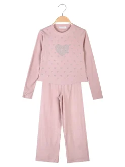Pink Girl Completo 2 pezzi da bambina a coste con cuori di strass - rosa