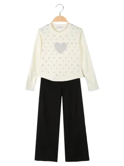 Pink Girl Completo 2 pezzi da bambina a coste con cuori di strass - panna