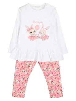 Pink Girl Completo 2 pezzi da neonata con leggings floreali - bianco