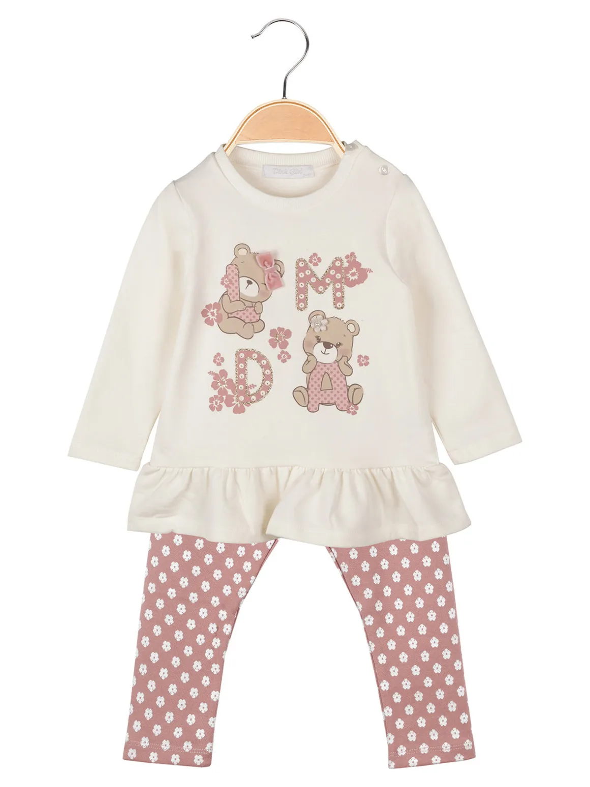 Pink Girl Completo 2 pezzi da neonata con maglietta orsacchiotti e leggings a fiori - panna