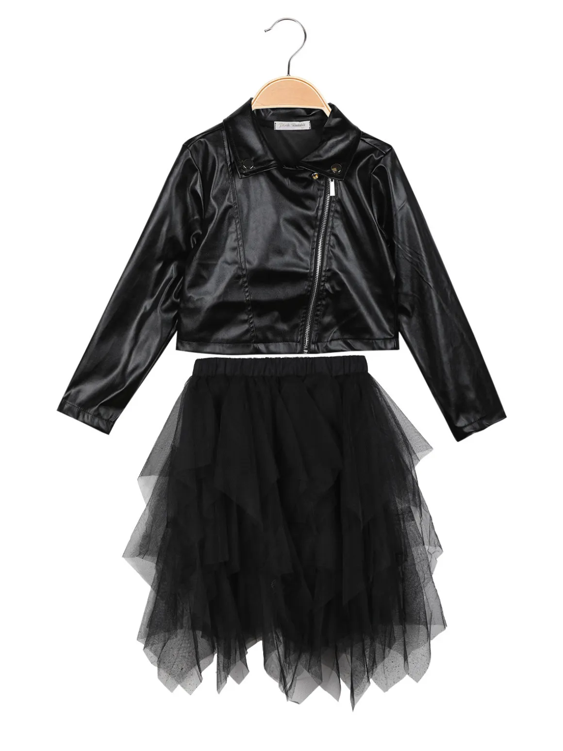 Pink Rabbit Completo da bambina con giacca in ecopelle + t-shirt e gonna in tulle