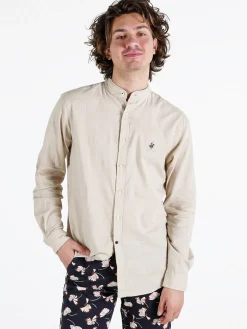 Polo Club Camicia da uomo alla coreana in misto lino e cotone