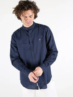 Polo Club Camicia da uomo alla coreana in misto lino e cotone