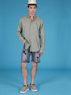 Polo Club Camicia da uomo alla coreana in misto lino e cotone