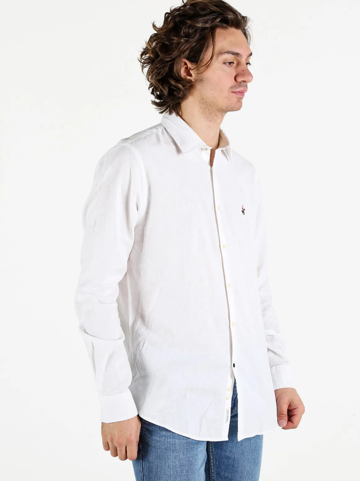 Polo Club Camicia da uomo in misto lino e cotone a maniche lunghe