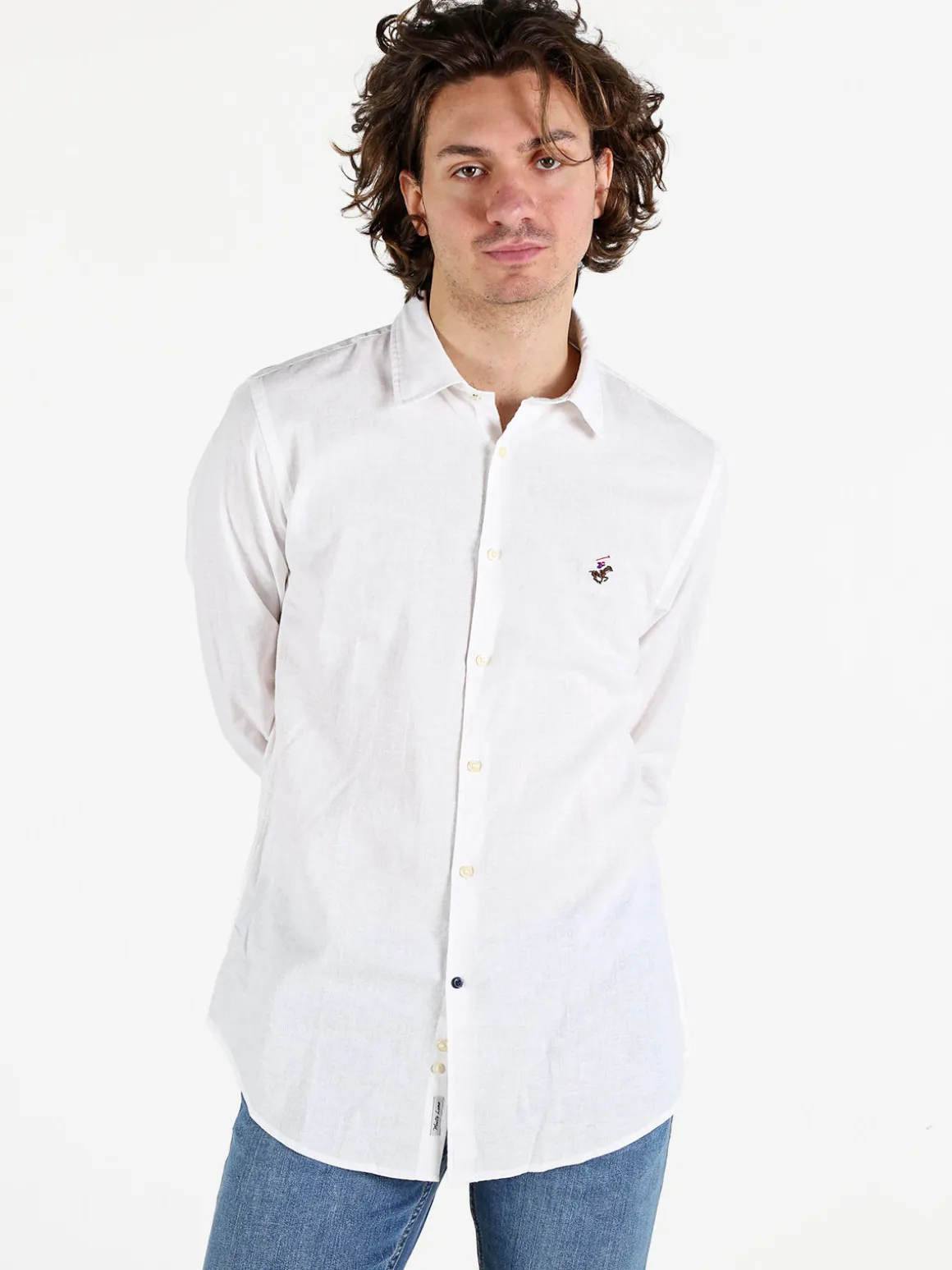Polo Club Camicia da uomo in misto lino e cotone a maniche lunghe