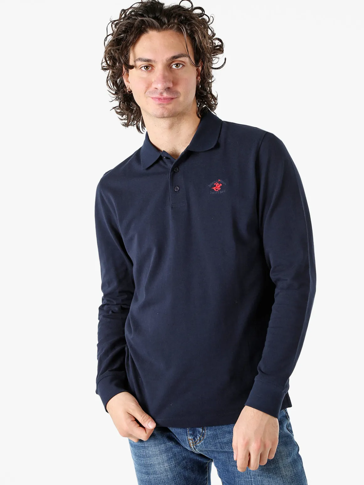Polo Club Polo da uomo in cotone con logo a maniche lunghe - blu scuro