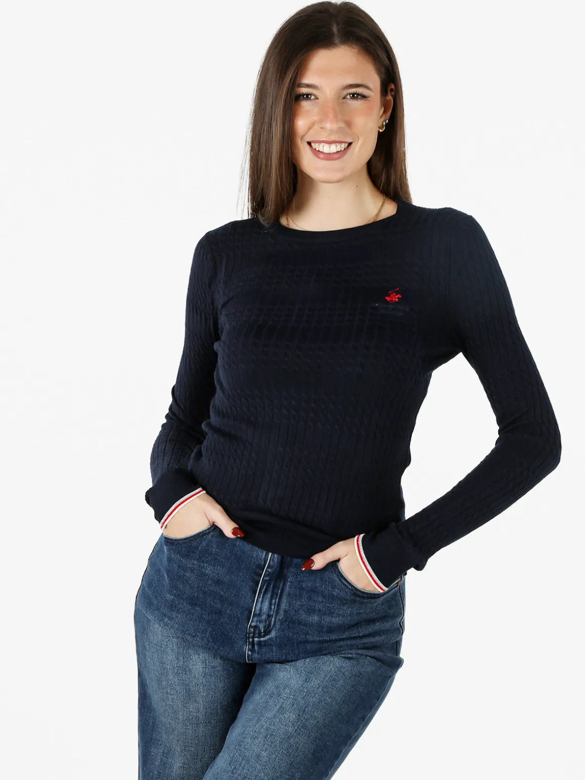 Polo Club Pullover girocollo donna in maglia intrecciata - blu scuro