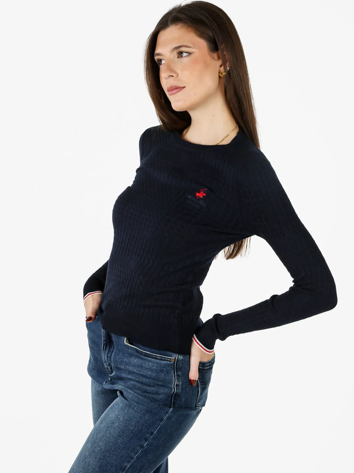 Polo Club Pullover girocollo donna in maglia intrecciata - blu scuro