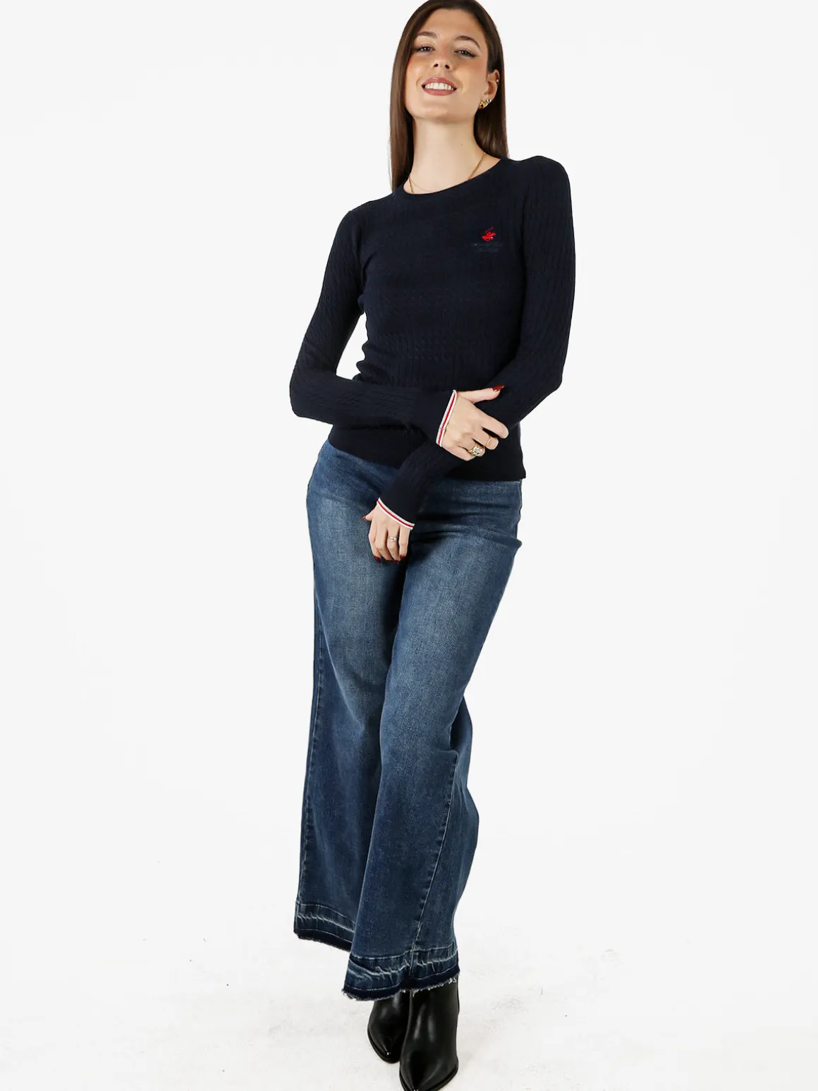 Polo Club Pullover girocollo donna in maglia intrecciata - blu scuro