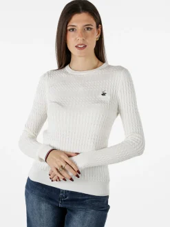 Polo Club Pullover girocollo donna in maglia intrecciata - panna