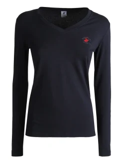 Polo Club T-shirt donna scollo a V a maniche lunghe in cotone - blu scuro