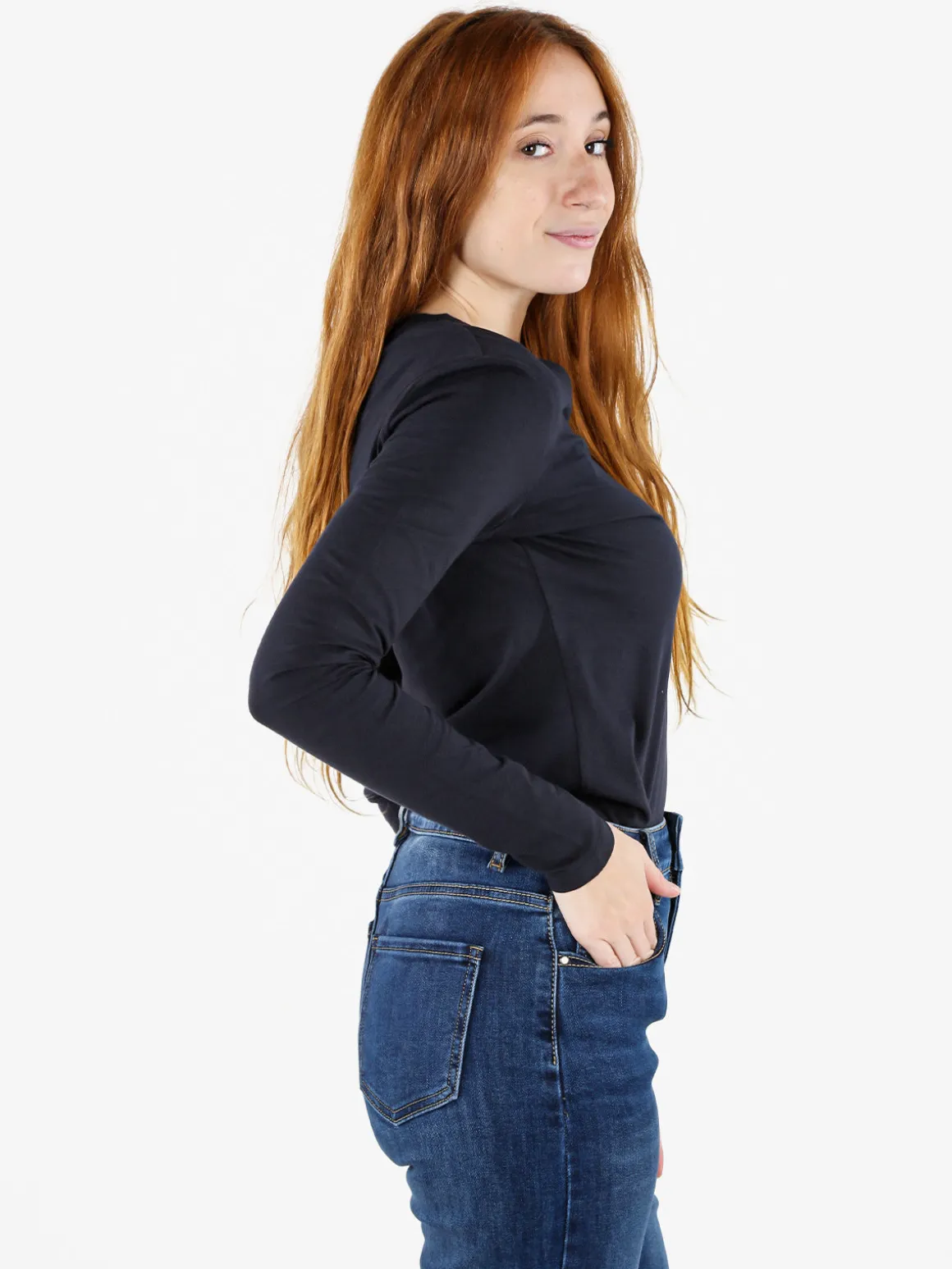 Polo Club T-shirt donna scollo a V a maniche lunghe in cotone - blu scuro