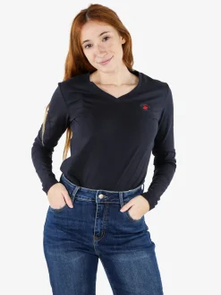 Polo Club T-shirt donna scollo a V a maniche lunghe in cotone - blu scuro