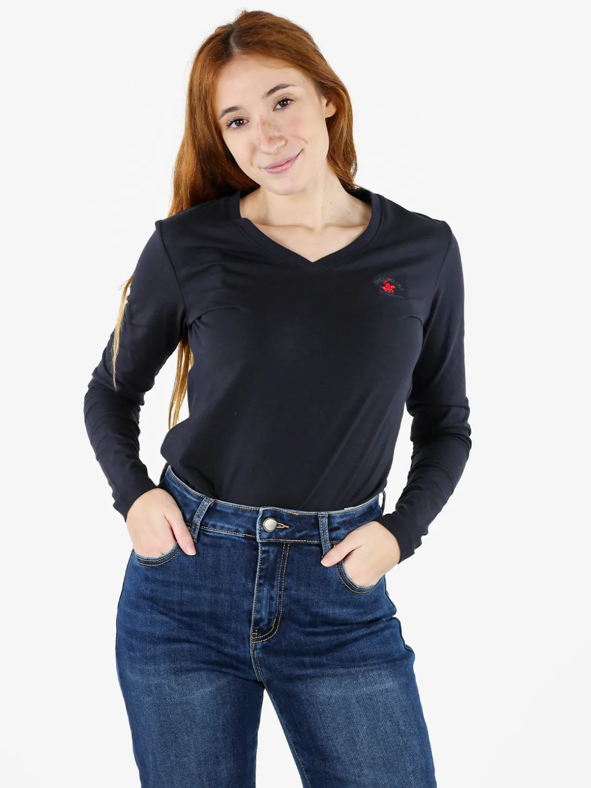 Polo Club T-shirt donna scollo a V a maniche lunghe in cotone - blu scuro