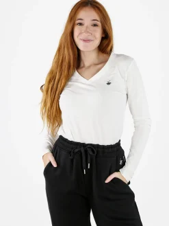 Polo Club T-shirt donna scollo a V a maniche lunghe in cotone - bianco
