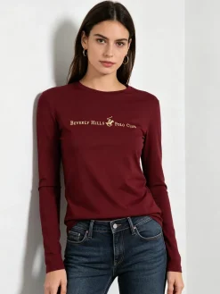Polo Club T-shirt girocollo da donna a maniche lunghe in cotone - bordeaux
