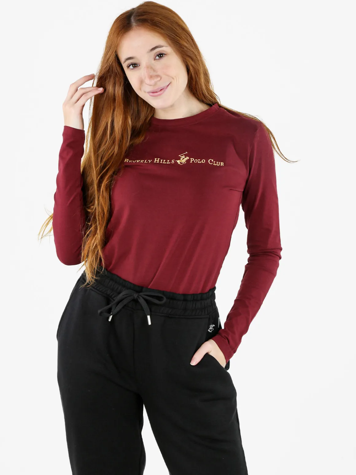 Polo Club T-shirt girocollo da donna a maniche lunghe in cotone - bordeaux