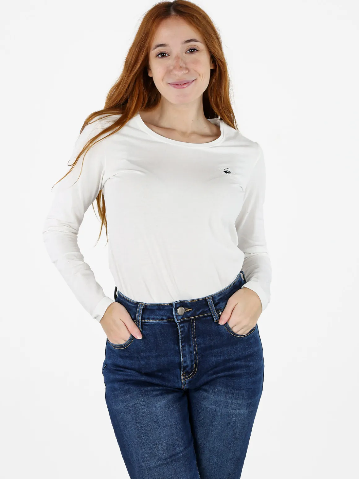 Polo Club T-shirt girocollo da donna a maniche lunghe in cotone - bianco