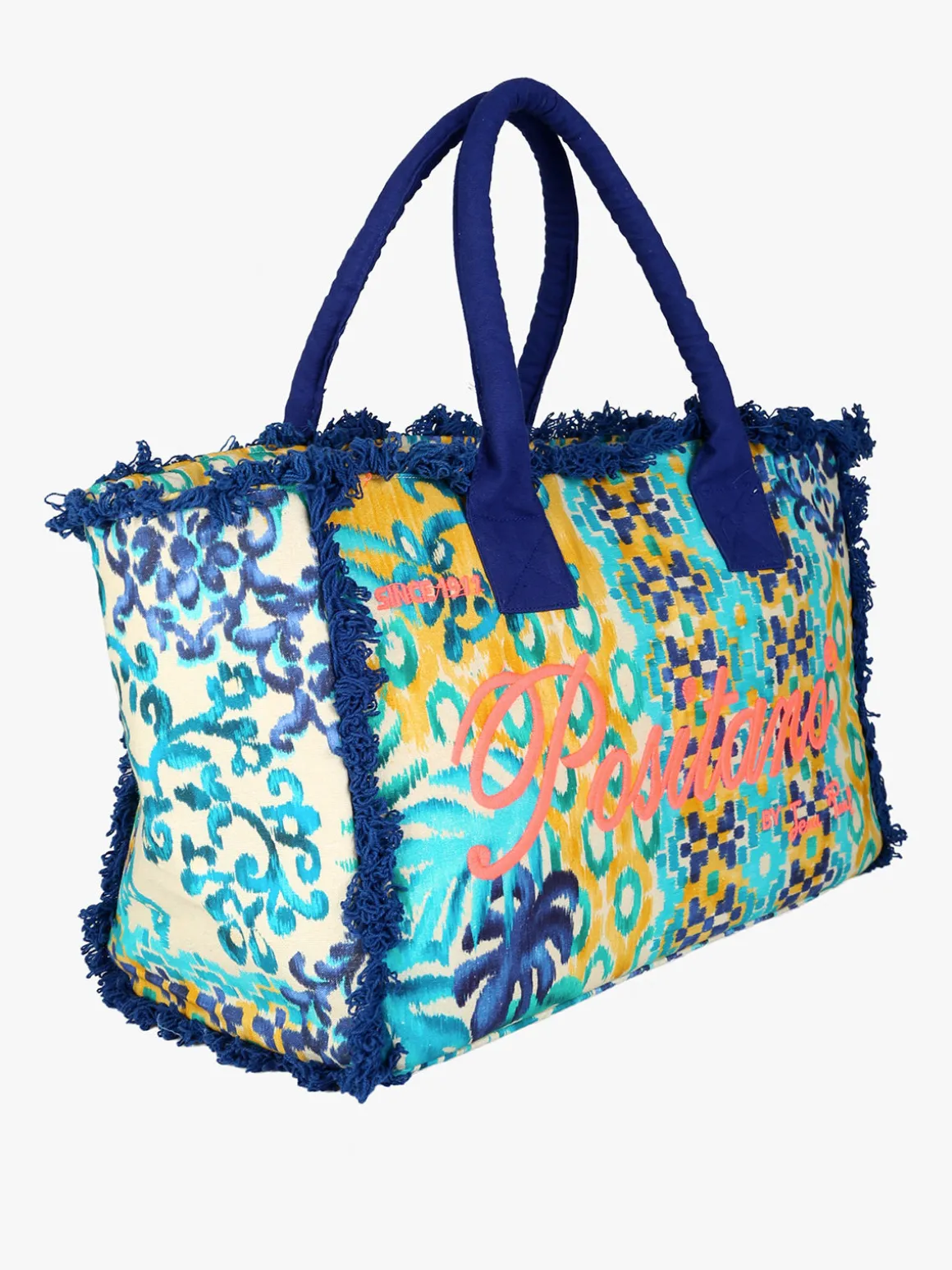 Positano Borsa donna estiva in tessuto colorato con doppi manici e bordi sfrangiati - acqua marina