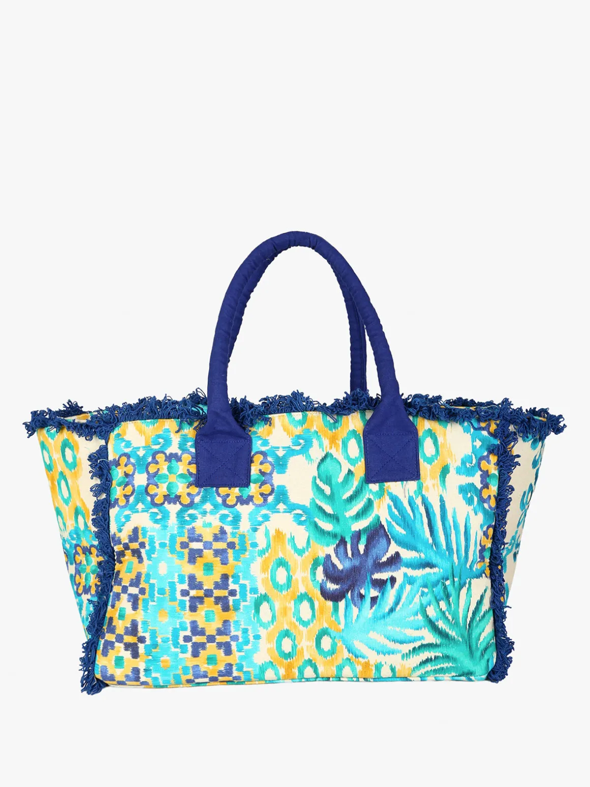 Positano Borsa donna estiva in tessuto colorato con doppi manici e bordi sfrangiati - acqua marina