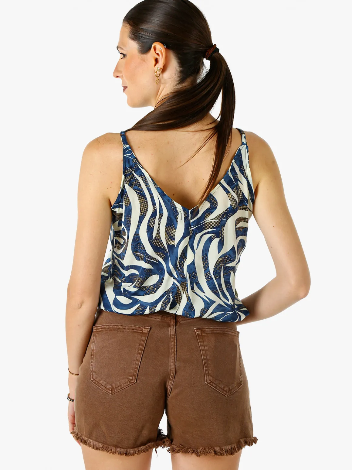 Positano Top donna cropped in viscosa con spalline strette e stampe - blu