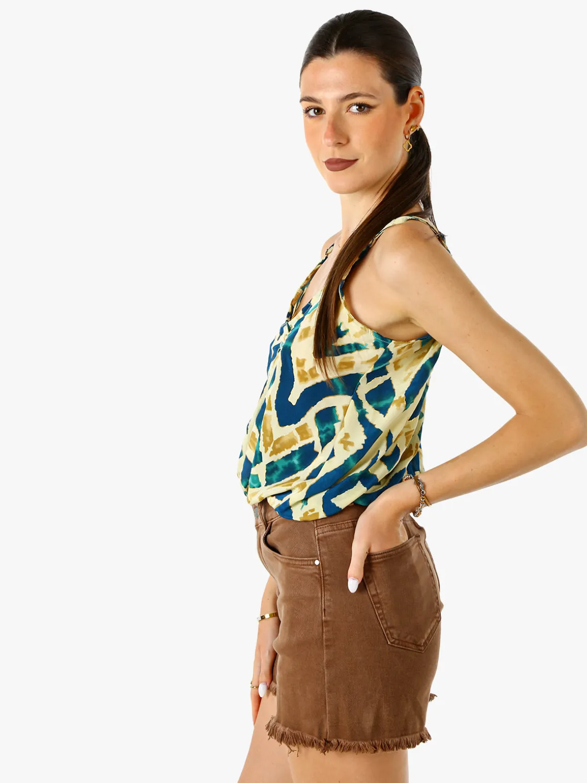Positano Top donna cropped in viscosa con spalline strette e stampe - ottanio
