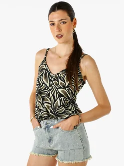 Positano Top donna cropped in viscosa con spalline strette e stampe - nero