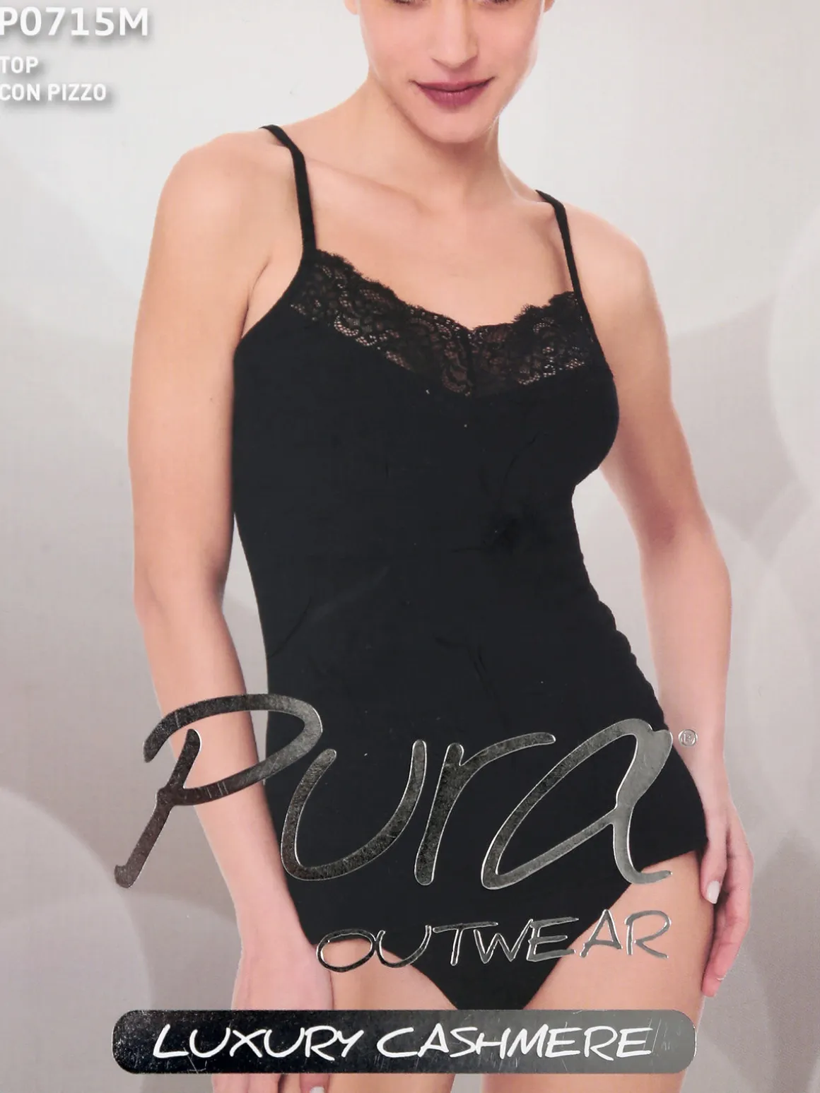 Pura LUXURY P0715 Top donna in cashmere con pizzo e spalline sottili