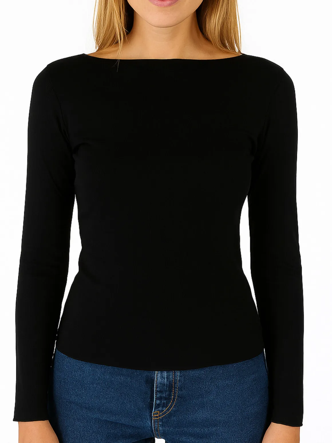 Pura P0735M Maglietta donna a costine in cashmere con scollo a barca - nero