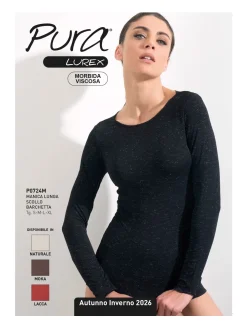 Pura P0724M Maglietta donna in lurex a maniche lunghe con scollo a barca