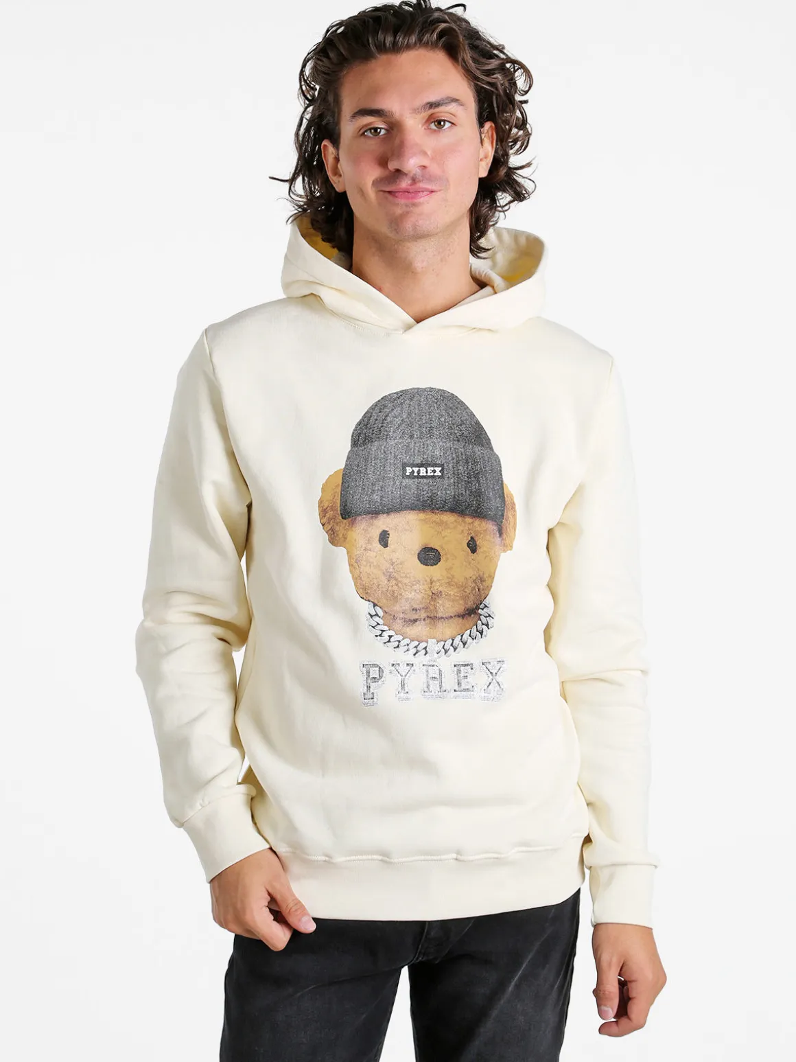 Pyrex Felpa da uomo con cappuccio e stampa - panna