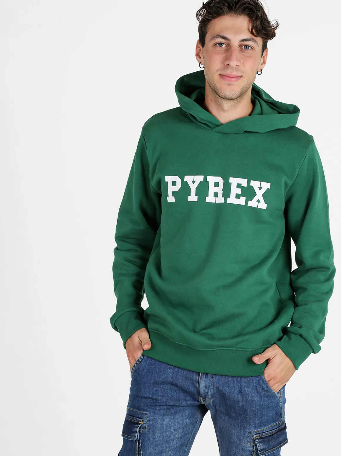 Pyrex Felpa da uomo in cotone con cappuccio e stampa logo - verde