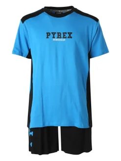 Pyrex Pigiama corto da uomo in cotone con logo - bluette