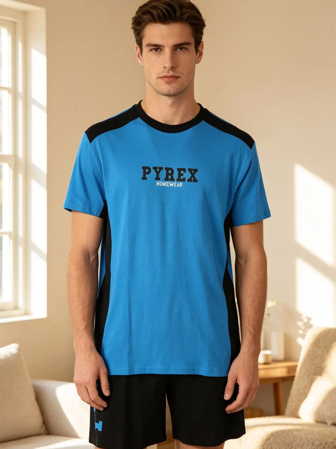 Pyrex Pigiama corto da uomo in cotone con logo - bluette
