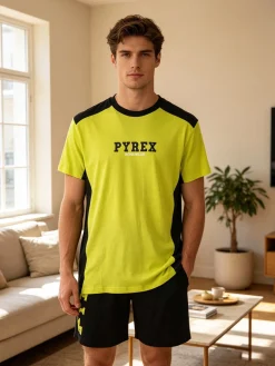 Pyrex Pigiama corto da uomo in cotone con logo - limone