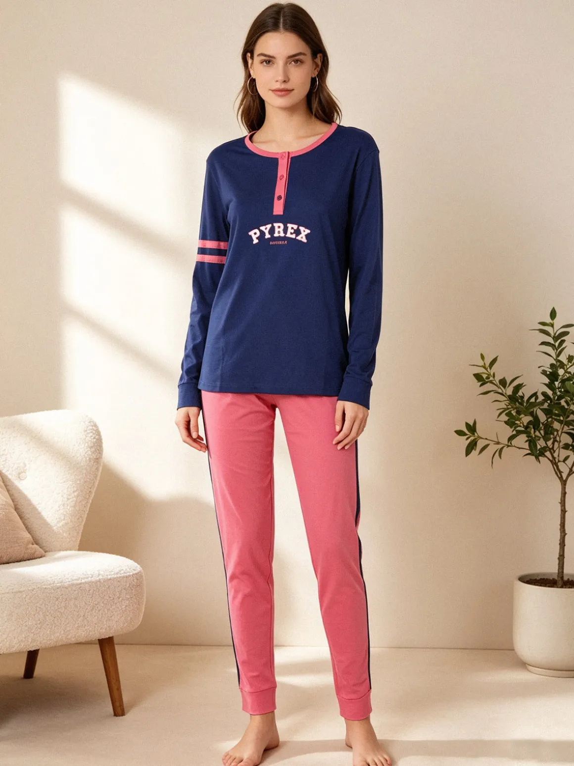 Pyrex Pigiama lungo da donna in cotone con logo - blu