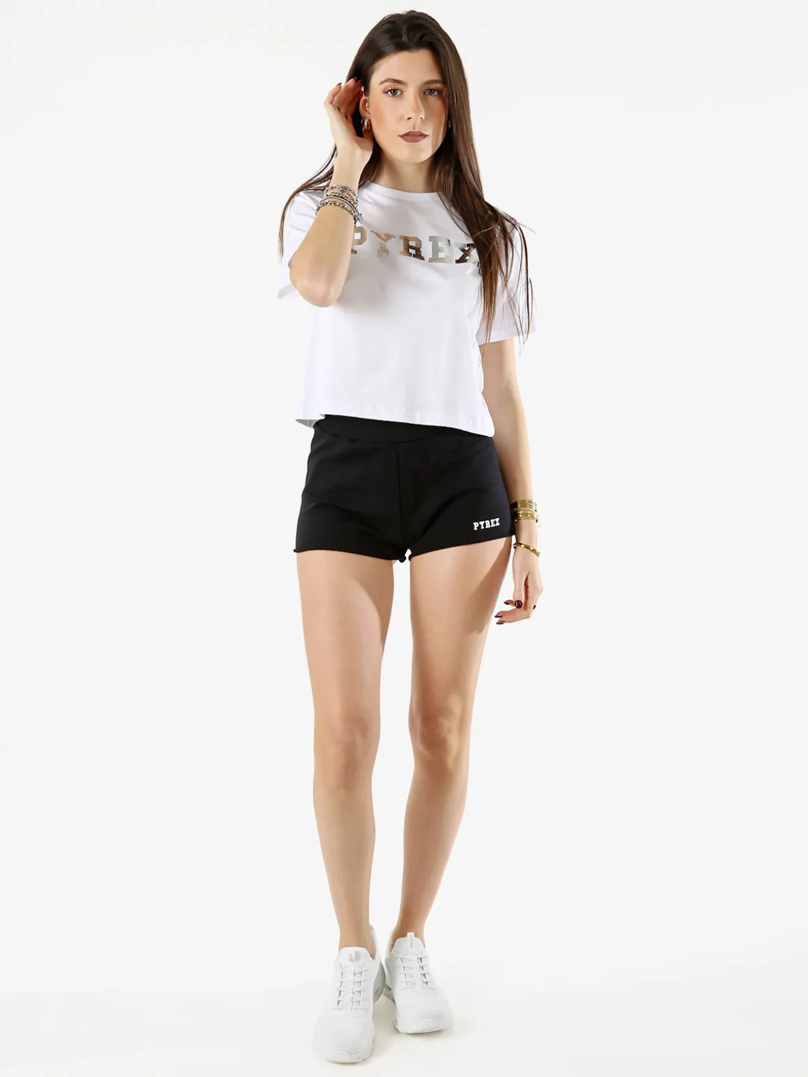 Pyrex T-shirt donna cropped con logo - bianco