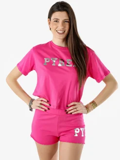 Pyrex T-shirt donna cropped con logo - fucsia