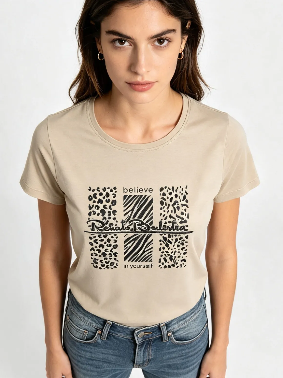 Renato Balestra T-shirt girocollo da donna in cotone con stampa e brillantini - sabbia