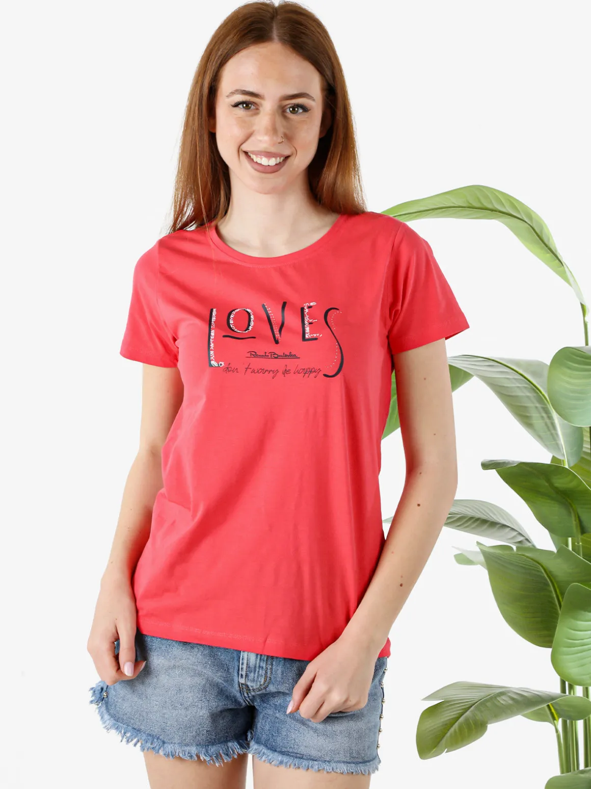 Renato Balestra T-shirt girocollo da donna in cotone con stampa e brillantini - fragola