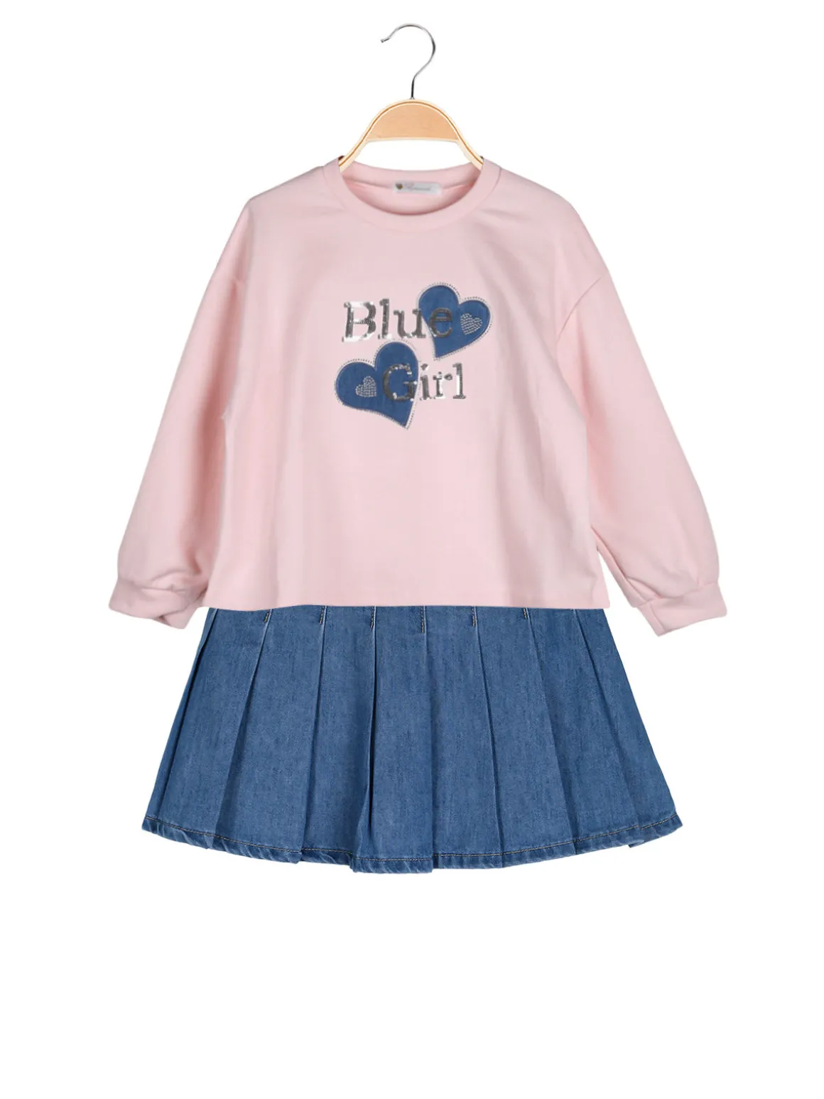 Re Panda Completo 2 pezzi da bambina con felpa oversize e gonna in jeans - rosa