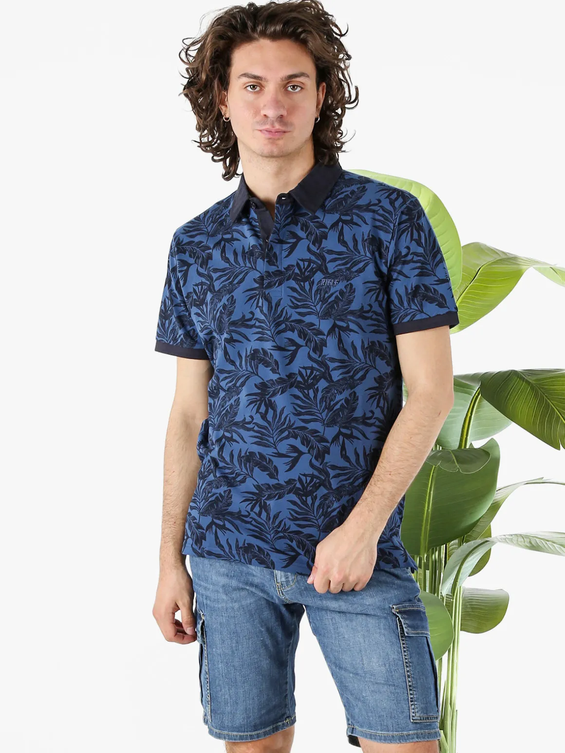 Rifle Polo da uomo in cotone a maniche corte con stampa floreale - blu
