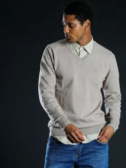 Rifle Pullover uomo scollo V in maglia misto lana - sabbia