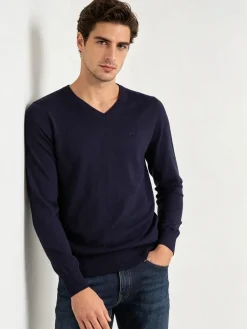 Rifle Pullover uomo scollo V in maglia misto lana - blu scuro